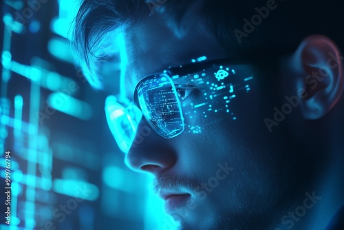 A close-up of a man wearing glasses reflecting digital data, symbolizing technology, innovation, focus, and modern digital interaction in a tech-driven world.