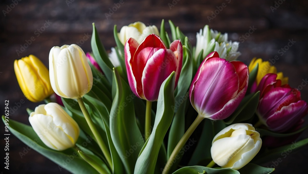 Fototapeta premium Vibrant bouquet of tulips in various colors showcasing natural beauty and freshness, perfect for spring decorations or festive gifts