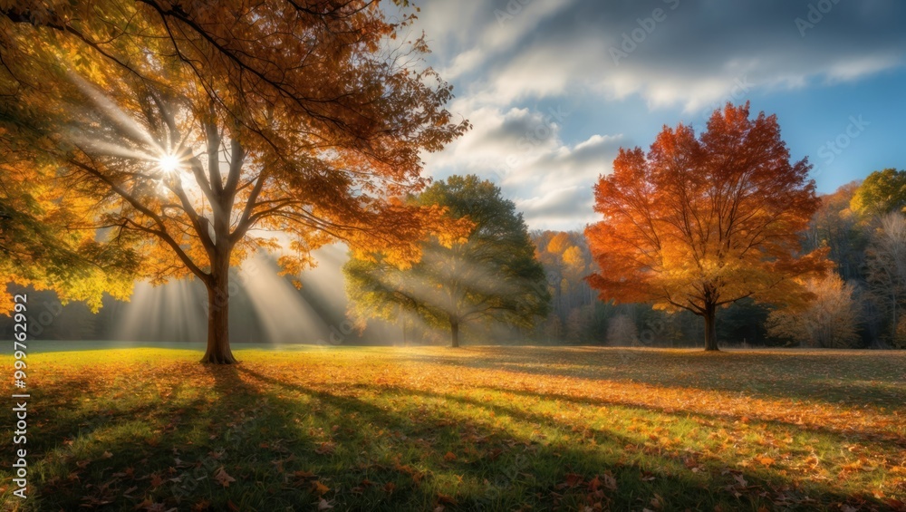Majestic trees bask in golden sunlight, showcasing vibrant autumn foliage in a serene park setting, embodying the beauty of nature's seasonal changes Majestic trees bask in golden sunlight, showcasing vibrant autumn foliage in a serene park setting, embodying the beauty of nature's seasonal changes