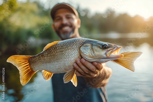 Fisherman holding freshly caught fish smiling at river photo