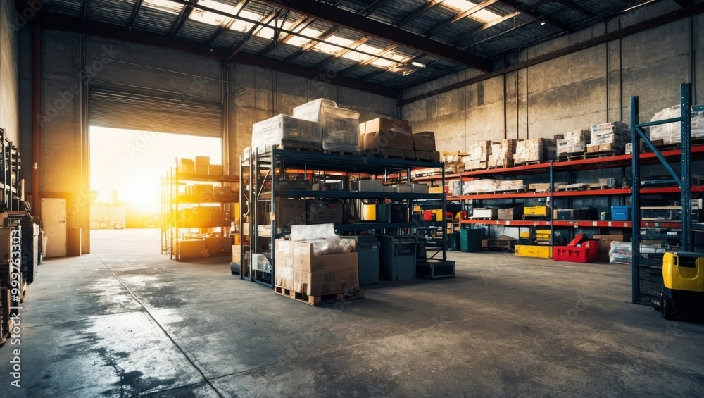 Spacious warehouse with shelving and boxes, showcasing organized storage and logistics operations during sunset Ideal for business and industrial concepts Spacious warehouse with shelving and boxes, showcasing organized storage and logistics operations during sunset Ideal for business and industrial concepts