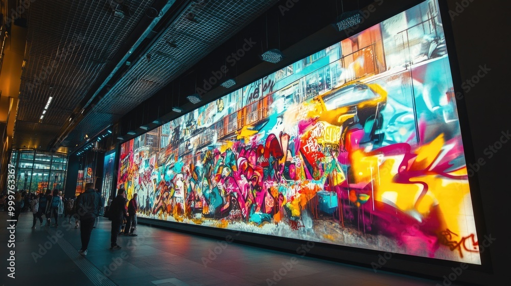 A vibrant mural dazzles with intricate designs, capturing the attention of passersby in a lively urban setting as twilight descends, blending art and city life beautifully A vibrant mural dazzles with intricate designs, capturing the attention of passersby in a lively urban setting as twilight descends, blending art and city life beautifully