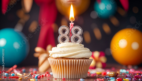 Birthday cupcake with burning lit candle with number 88. Number eighty-eight for eighty-eight years or eighty-eighth anniversary. photo