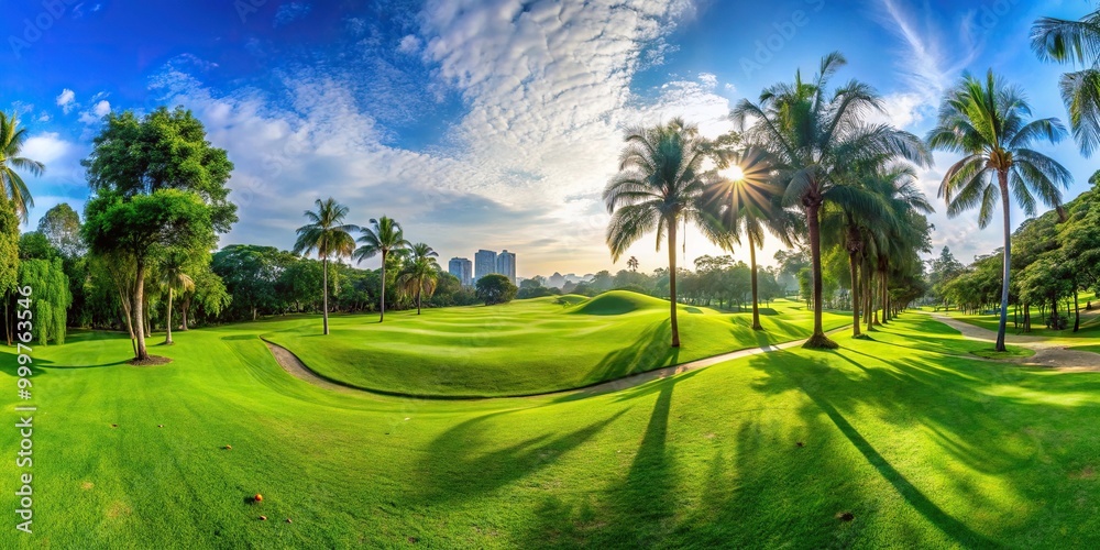 Fototapeta premium Golf course with lush green grass and trees fisheye view