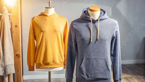 Wallpaper Mural mockup blank dark blue hoodie with mannequin, blue background, Torontodigital.ca