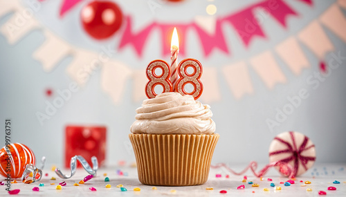 Birthday cupcake with burning lit candle with number 88. Number eighty-eight for eighty-eight years or eighty-eighth anniversary. photo