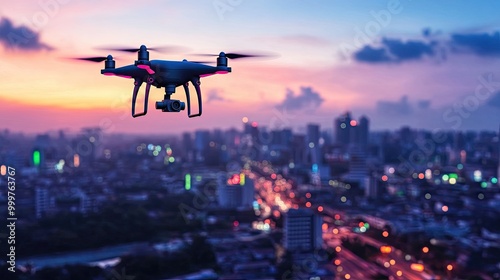 A drone flying over a cityscape at sunset, capturing aerial views and urban landscapes.