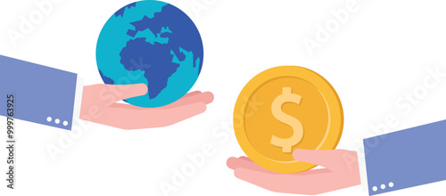 hand holding money and the other hand holding the earth

