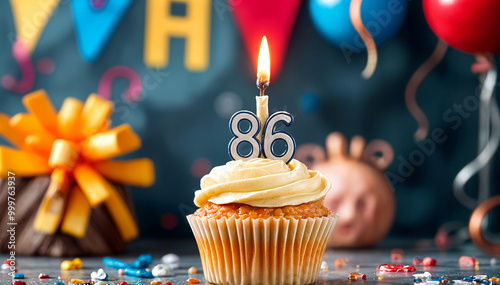 Birthday cupcake with burning lit candle with number 86. Number eighty-six for eighty-six years or eighty-sixth anniversary. photo