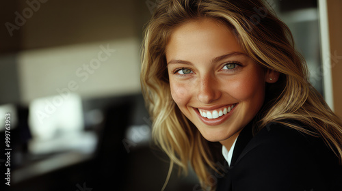 A woman in a bright setting, dressed in black, smiles warmly at the camera, conveying friendliness and joy through her open and inviting expression.