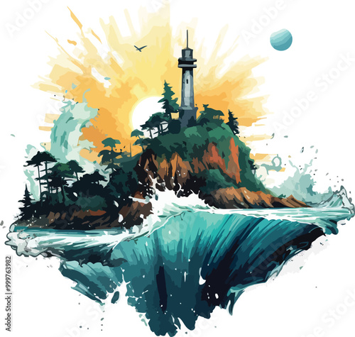 Bird Flying Over Lighthouse at Sunrise Vector illustration for Tshirt design