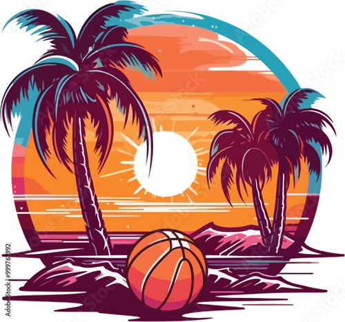Beach sunset with palm trees and volleyball vector illustration for Tshirt design