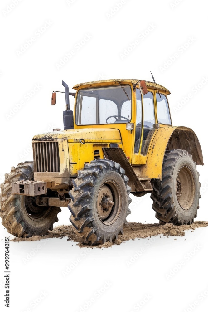 A large yellow tractor parked in the dirt, ready for use