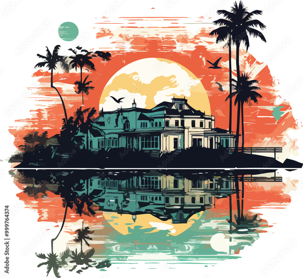 Obraz premium Sunset sailing adventure with palm trees Vector illustration for Tshirt design
