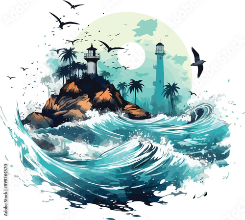 Coastal Scene with Two Lighthouses and Palm Trees Vector illustration for Tshirt design
