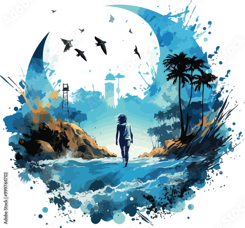 Stylized Art with Crescent Moons and Ocean View Vector illustration for Tshirt design