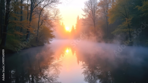 Magical Forest Pond at Sunrise with Soft Mist Rising from Water Surface