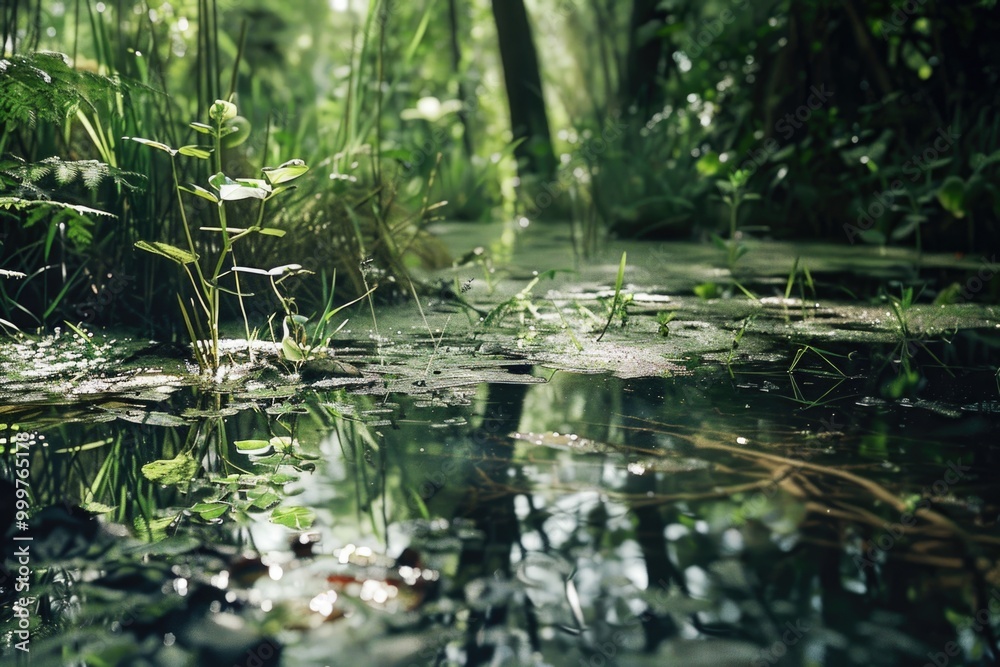 A dense and lush swampland with an abundance of green vegetation A dense and lush swampland with an abundance of green vegetation
