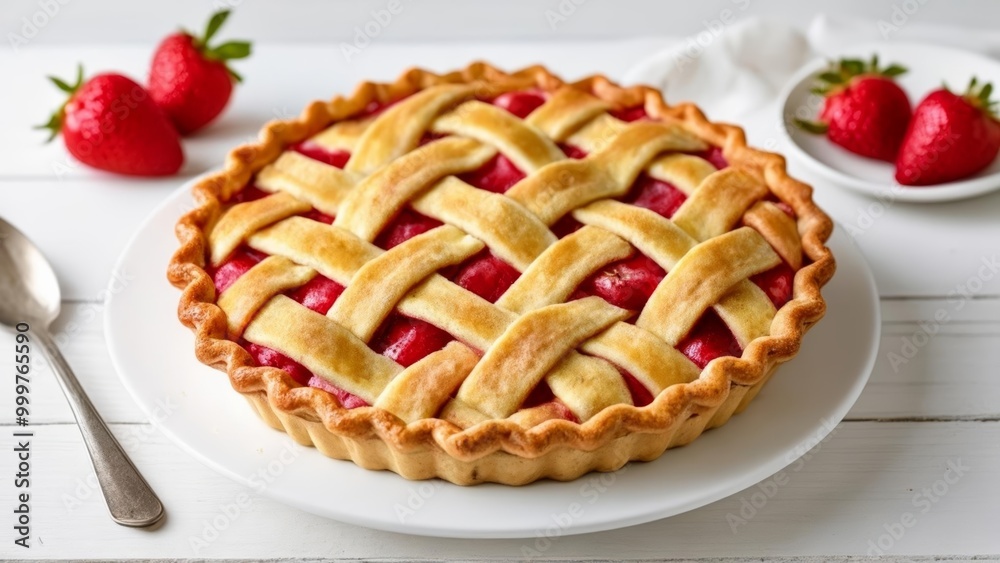 Deliciously baked strawberry pie ready to be savored Deliciously baked strawberry pie ready to be savored