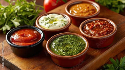 A vibrant selection of sauces in small bowls arranged on a wooden board, including tomato, pesto, aioli, and barbecue, with fresh ingredients beside them.