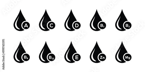 Multi Vitamin complex icons set. Multivitamin supplement, b1, d, e, mg, c, zinc, magnesium. Vector illustration.