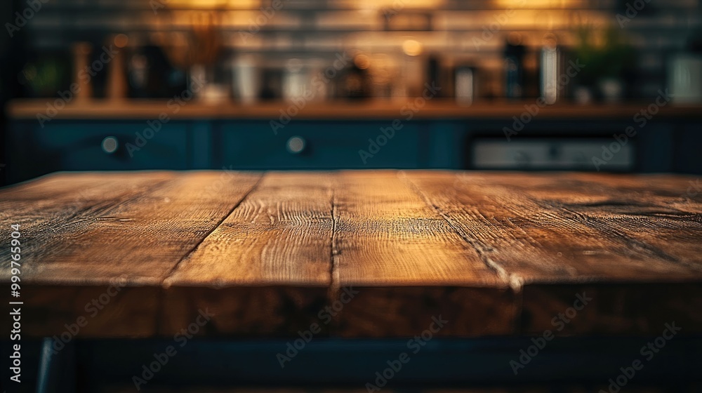 A close-up of a wooden table in a cozy kitchen setting with blurred background elements. A close-up of a wooden table in a cozy kitchen setting with blurred background elements.