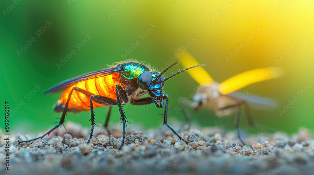 A macro shot of a vibrant firefly glowing orange with a shiny exoskeleton, standing on sandy ground. A blurred yellow-tailed mosquito appears in the background, set against a green and yellow bokeh. A macro shot of a vibrant firefly glowing orange with a shiny exoskeleton, standing on sandy ground. A blurred yellow-tailed mosquito appears in the background, set against a green and yellow bokeh.
