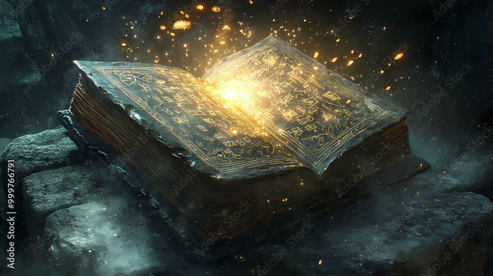 Generative AI, Glowing Runes and Dusty Air Surround an Ancient Spellbook Generative AI, Glowing Runes and Dusty Air Surround an Ancient Spellbook