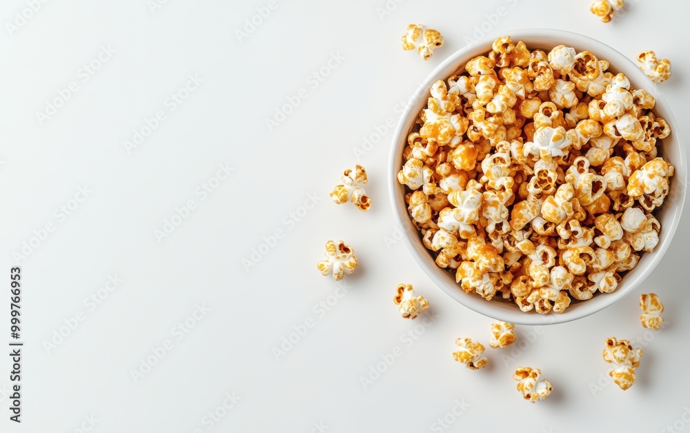 A bowl of freshly popped popcorn on a white surface, surrounded by scattered popcorn pieces A bowl of freshly popped popcorn on a white surface, surrounded by scattered popcorn pieces