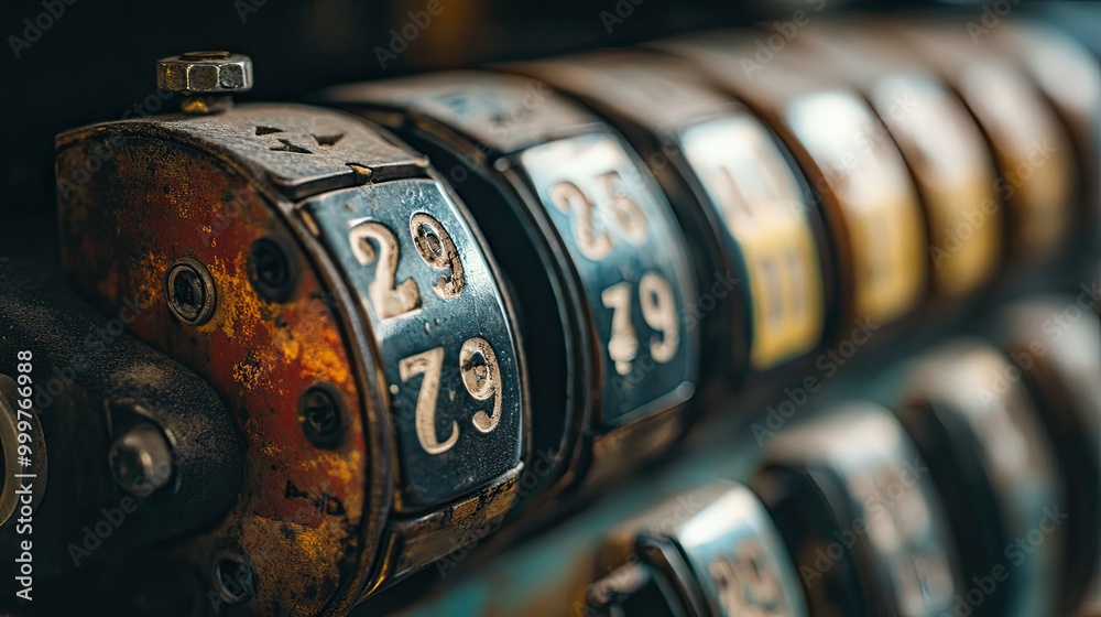 Rows of old-fashioned metallic numbers on an analog counter, flipping ...
