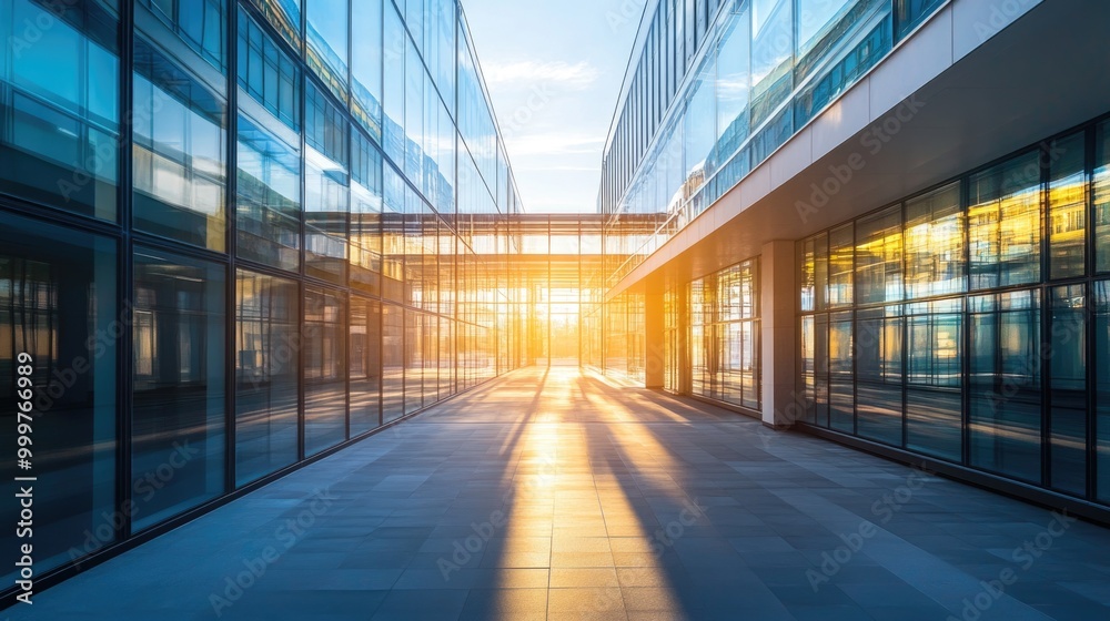Sunlight floods a smooth corridor between modern glass office buildings, business center Sunlight floods a smooth corridor between modern glass office buildings, business center