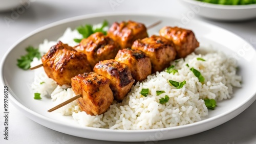  Delicious skewers of chicken on a bed of fluffy rice