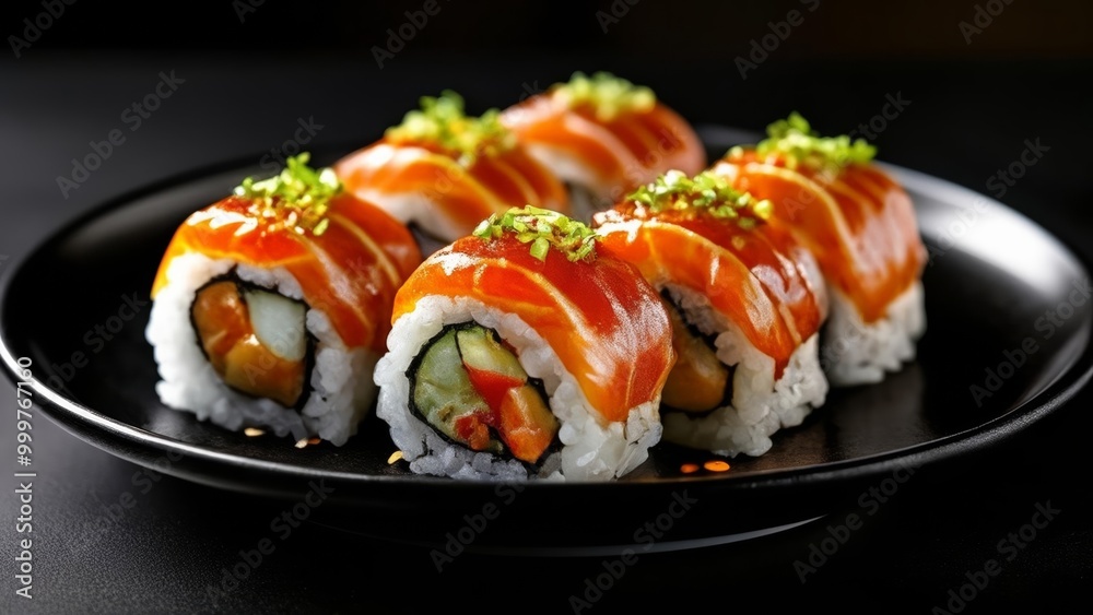 Deliciously crafted sushi rolls ready to be savored Deliciously crafted sushi rolls ready to be savored