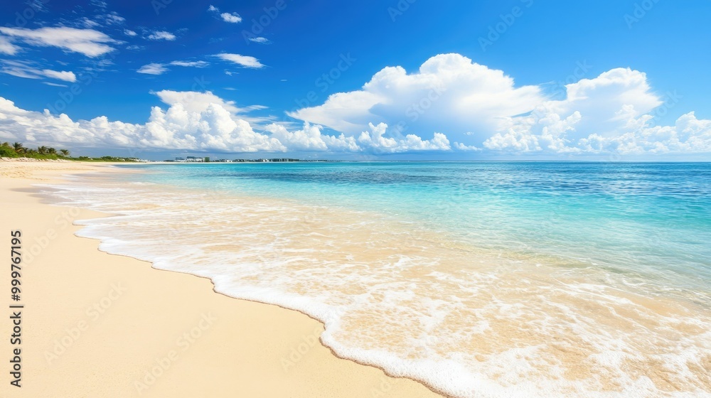 A serene beach scene with soft waves lapping at the shore under a bright blue sky. A serene beach scene with soft waves lapping at the shore under a bright blue sky.