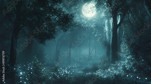 Generative AI, Ethereal Glow in a Moonlit Forest with Bioluminescent Undergrowth