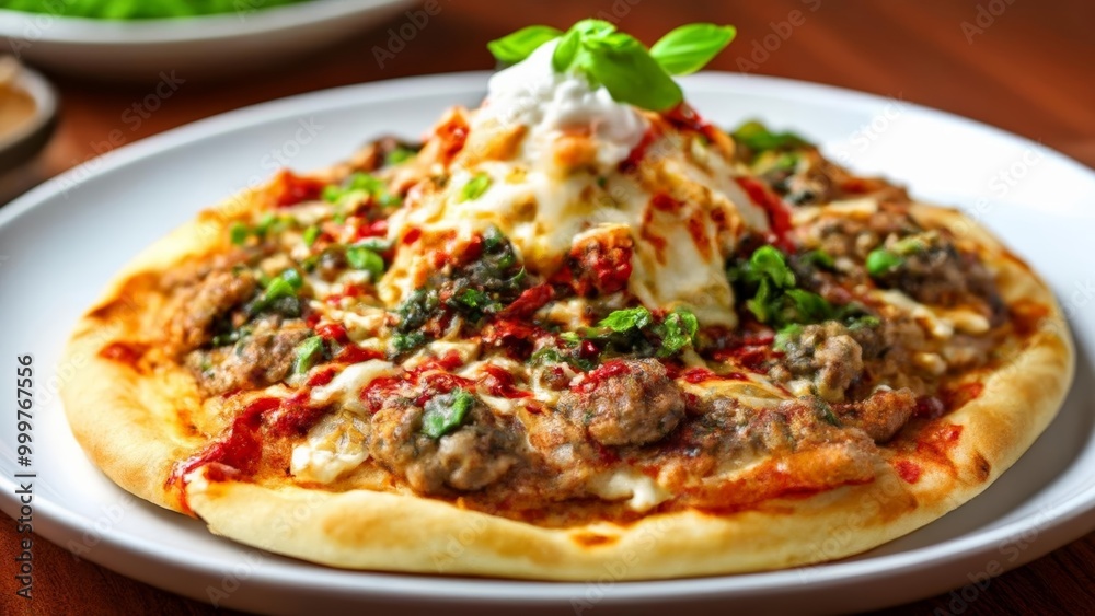 Deliciously topped pizza ready to be savored Deliciously topped pizza ready to be savored