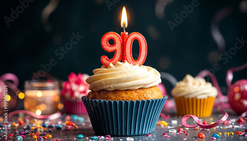 Birthday cupcake with burning lit candle with number 90. Number ninety for ninety years or ninetieth anniversary. photo