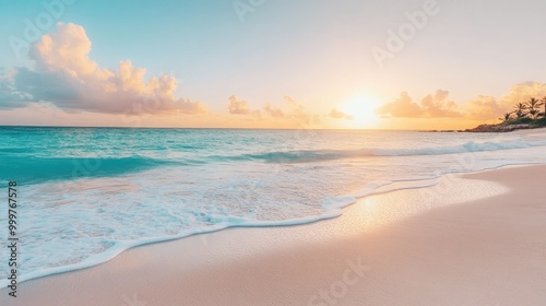 A serene beach at sunset with gentle waves and a colorful sky.