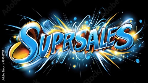 Dynamic cartoon-style logo with bold SUPERSALES text and explosion effect designed for vibrant branding