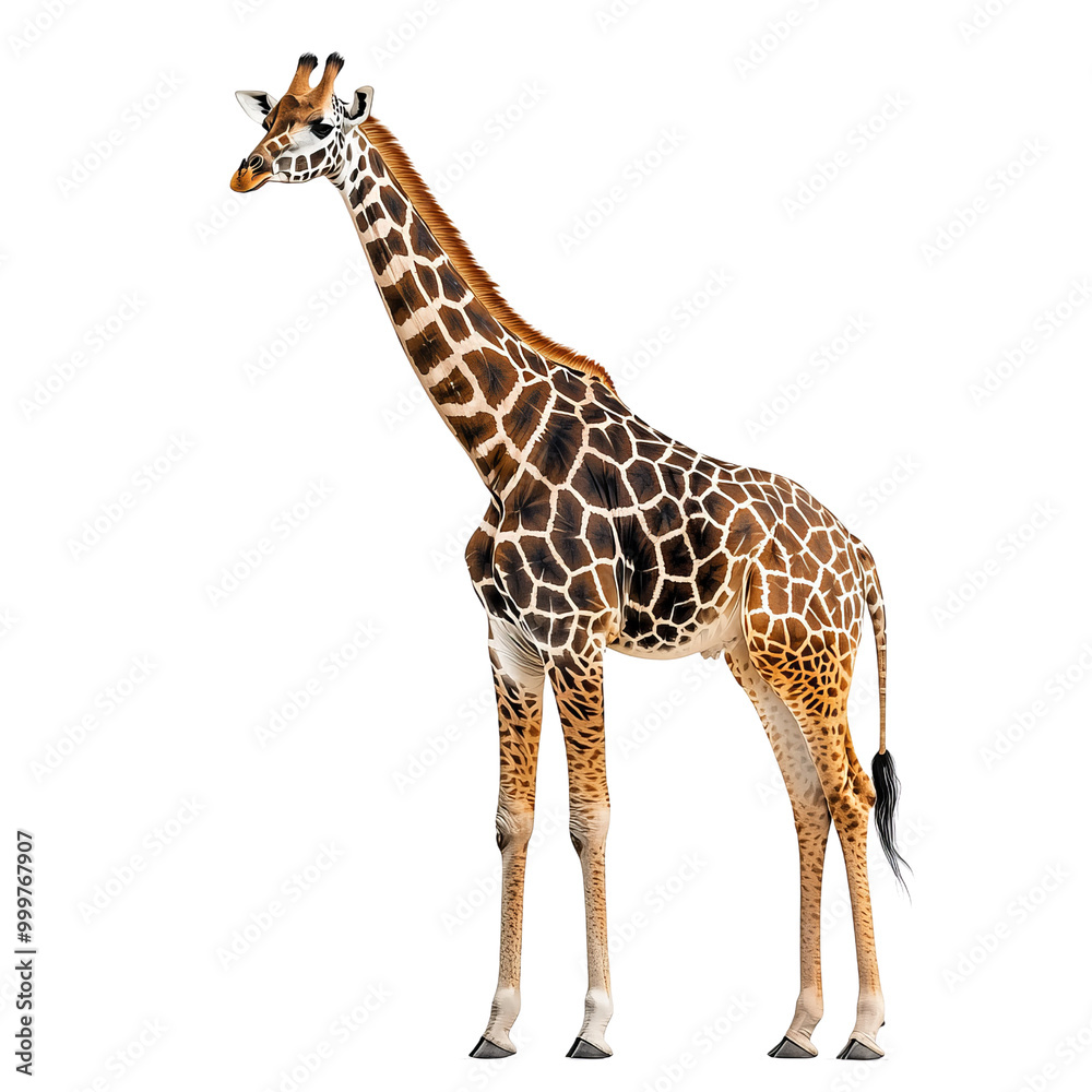 Naklejka premium Giraffe standing tall, white isolate background
