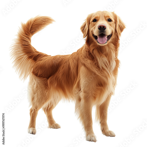 Golden retriever dog standing, smiling, white isolated background photo