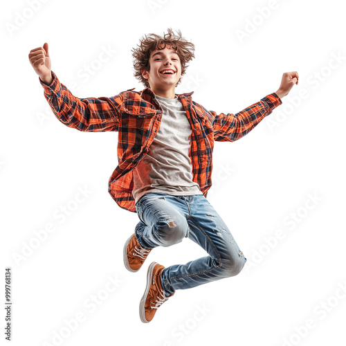 Happy youth jumping with joy, white isolate background