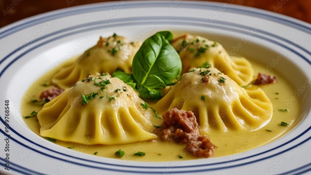 Delicious pasta dish with a creamy sauce and fresh herbs Delicious pasta dish with a creamy sauce and fresh herbs