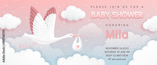 3d Baby shower banner invitation card with stork carrying a cute baby in a bag on pink sky background for greeting cards, children's album, invite birthday party, kid poster, It's a girl. vector