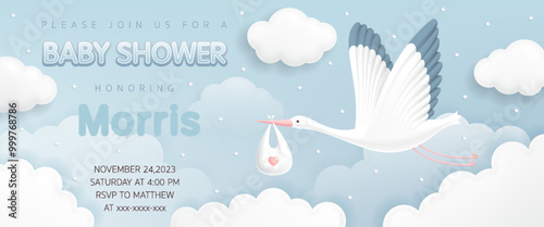 3d Baby shower banner invitation card with stork carrying a cute baby in a bag on blue sky background for greeting cards, children's album, invite birthday party, kid poster, It's a boy. vector