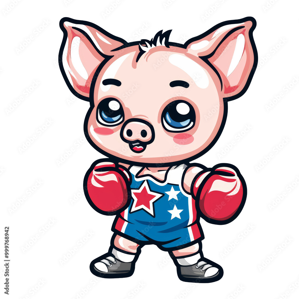 A cute cartoon pig wearing red boxing gloves and a blue and red boxing uniform with stars. A cute cartoon pig wearing red boxing gloves and a blue and red boxing uniform with stars.