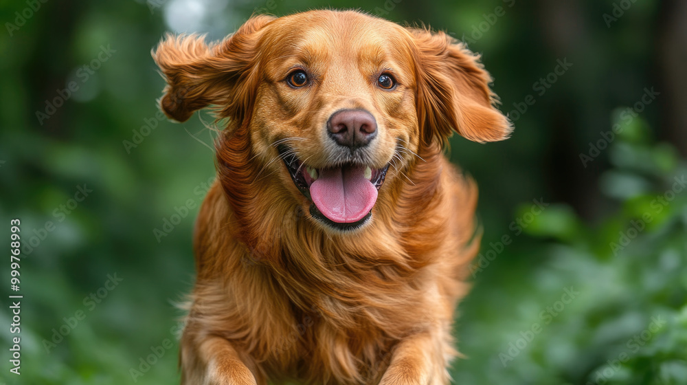 A golden retriever joyfully runs through the greenery, its fur shining in the sunlight and tail wagging enthusiastically A golden retriever joyfully runs through the greenery, its fur shining in the sunlight and tail wagging enthusiastically