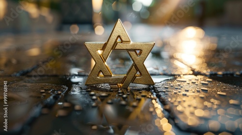 A close-up image of a gold star of David on a wet surface, ideal for use in Jewish-themed designs and projects photo