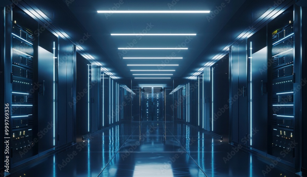Futuristic data center corridor illuminated by blue lights and sleek server racks lining the walls Futuristic data center corridor illuminated by blue lights and sleek server racks lining the walls
