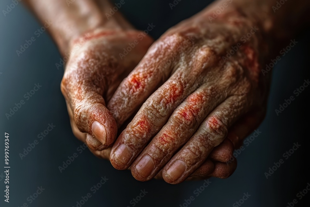 Fototapeta premium Close-up of weathered hands showing signs of wear and tear, highlighting resilience and struggle.